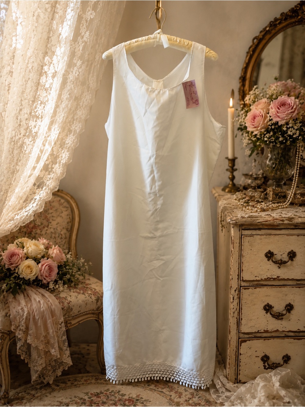 Grammie’s Wear-Able Art Ivory Long Slip Dress Victorian Lace 53”